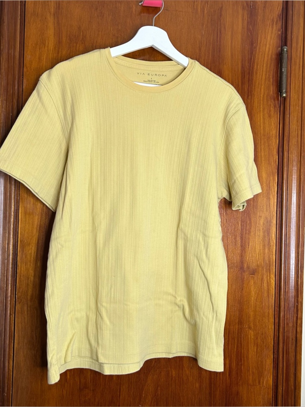 Via Europa Ribbed T-Shirt Pale Banana Yellow Pastel Large Egyptian Cotton Men's